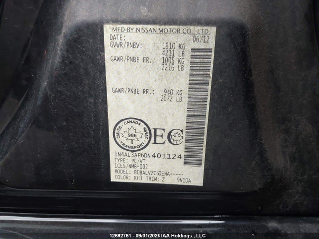 12692761 :رقم المزاد ، 1N4AL3AP6DN401124 vin ، 2013 Nissan Altima 2.5/s/sv/sl مزاد بيع