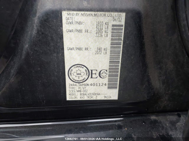 12692761 :رقم المزاد ، 1N4AL3AP6DN401124 vin ، 2013 Nissan Altima 2.5/s/sv/sl مزاد بيع