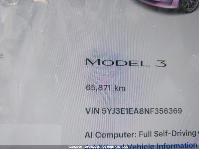 12692769 :رقم المزاد ، 5YJ3E1EA8NF356369 vin ، 2022 Tesla Model 3 مزاد بيع