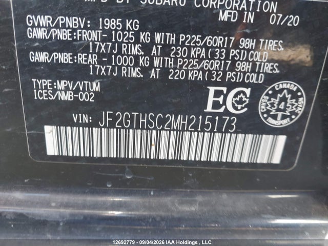 Aukcja sprzedaży 2021 Subaru Crosstrek, vin: JF2GTHSC2MH215173, numer aukcji: 12692779