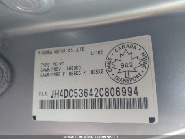 Продажа на аукционе авто 2002 Acura Rsx, vin: JH4DC53642C806994, номер лота: 12692815