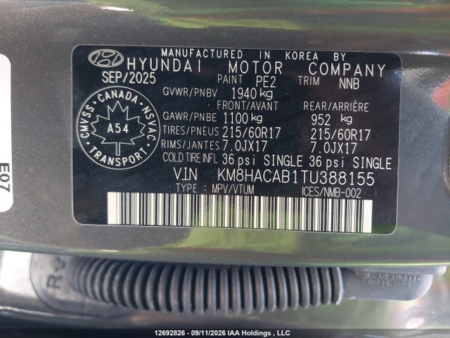 12692826 :رقم المزاد ، KM8HACAB1TU388155 vin ، 2026 Hyundai Kona Essential Awd مزاد بيع