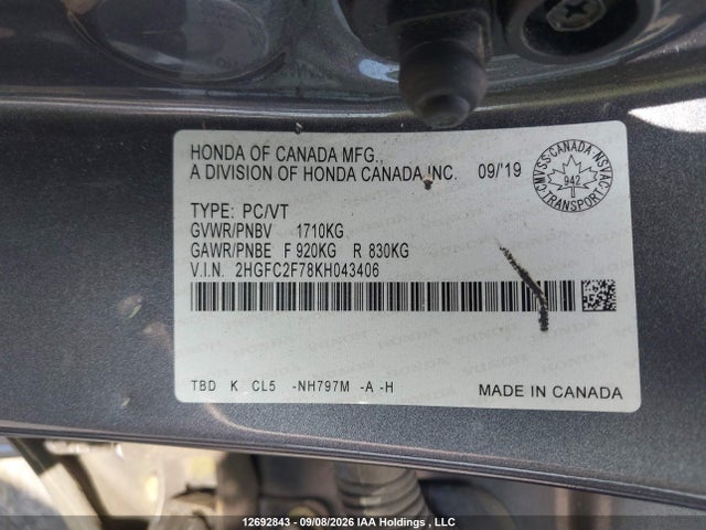 Honda Civic 2019 2HGFC2F78KH043406 Image 9