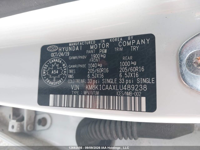 Auction sale of the 2020 Hyundai Kona Essential Awd, vin: KM8K1CAAXLU489238, lot number: 12692856