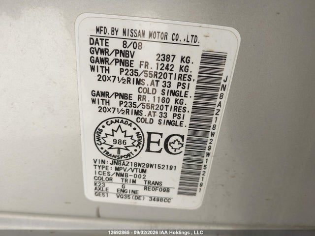 2009 Nissan Murano S/sl/le მანქანა იყიდება აუქციონზე, vin: JN8AZ18W29W152191, აუქციონის ნომერი: 12692865