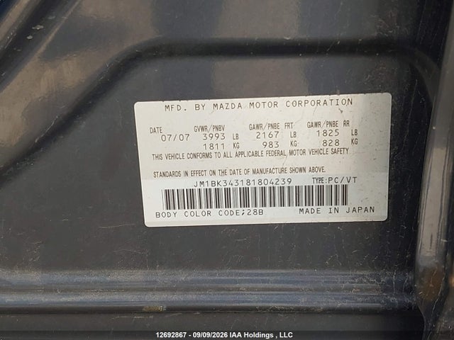 Aukcja sprzedaży 2008 Mazda 3 Hatchback, vin: JM1BK343181804239, numer aukcji: 12692867