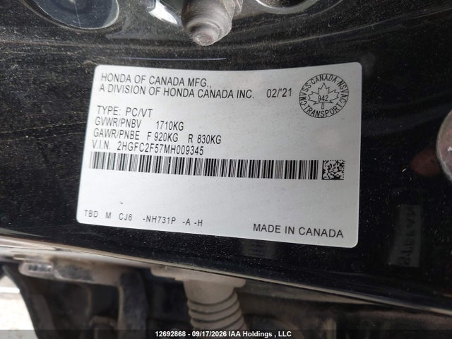 Продаж на аукціоні авто 2021 Honda Civic, vin: 2HGFC2F57MH009345, номер лоту: 12692868