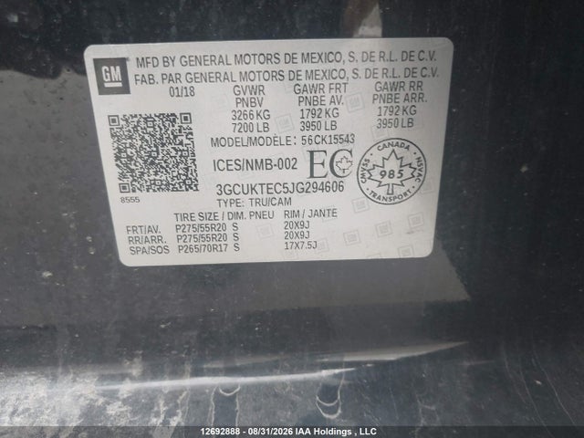 12692888 :رقم المزاد ، 3GCUKTEC5JG294606 vin ، 2018 Chevrolet Silverado K1500 High Country مزاد بيع