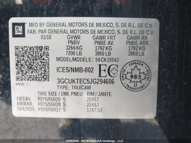12692888 :رقم المزاد ، 3GCUKTEC5JG294606 vin ، 2018 Chevrolet Silverado K1500 High Country مزاد بيع