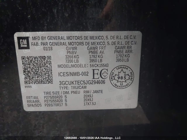 12692888 :رقم المزاد ، 3GCUKTEC5JG294606 vin ، 2018 Chevrolet Silverado K1500 High Country مزاد بيع