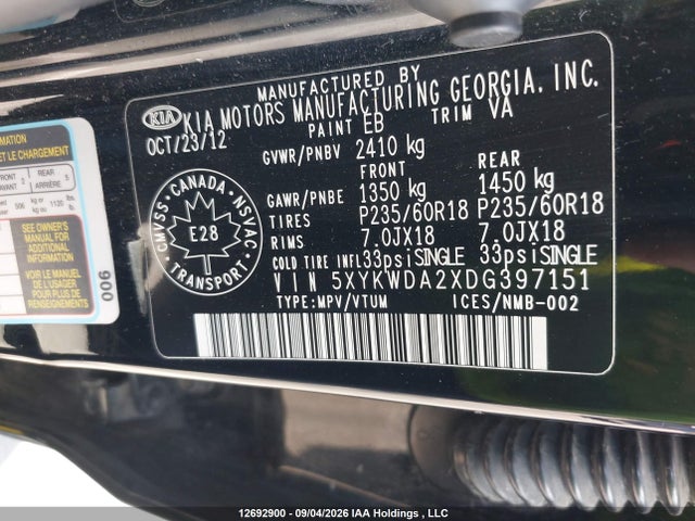 Aukcja sprzedaży 2013 Kia Sorento, vin: 5XYKWDA2XDG397151, numer aukcji: 12692900
