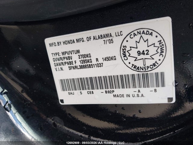 12692909 :رقم المزاد ، 5FNRL38885B511037 vin ، 2005 Honda Odyssey Touring مزاد بيع