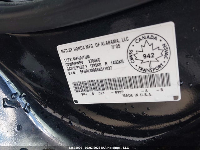 12692909 :رقم المزاد ، 5FNRL38885B511037 vin ، 2005 Honda Odyssey Touring مزاد بيع