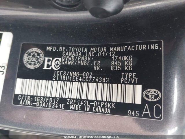 12692944 :رقم المزاد ، 2T1BU4EE4CC774383 vin ، 2012 Toyota Corolla S مزاد بيع
