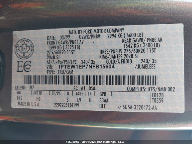 Ford F-150 Lariat 2022 1FTEW1EP7NFB15604 Image 9