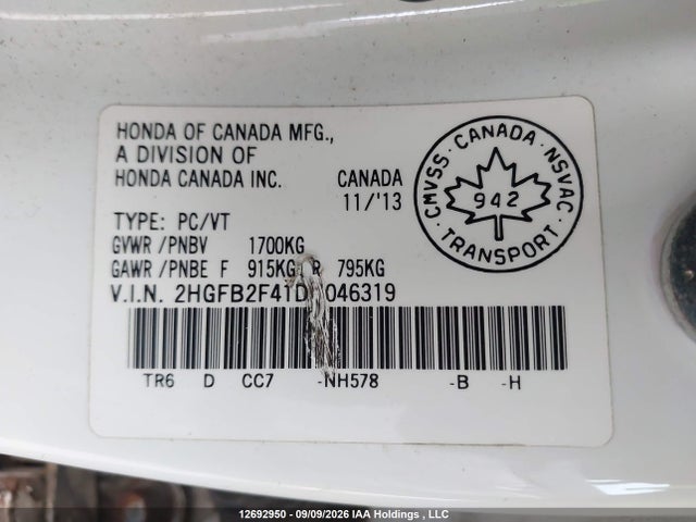 12692950 :رقم المزاد ، 2HGFB2F41DH046319 vin ، 2013 Honda Civic مزاد بيع