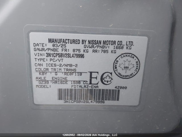 Продажа на аукционе авто 2025 Nissan Kicks Play S Cvt, vin: 3N1CP5BV2SL479996, номер лота: 12692952