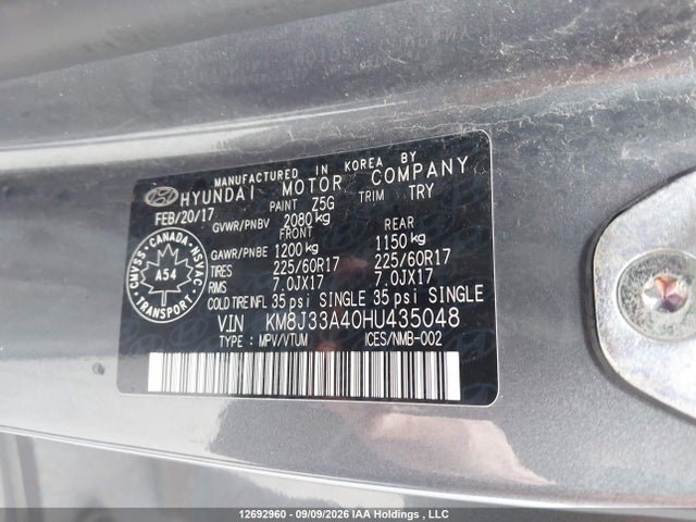2017 Hyundai Tucson Premium მანქანა იყიდება აუქციონზე, vin: KM8J33A40HU435048, აუქციონის ნომერი: 12692960