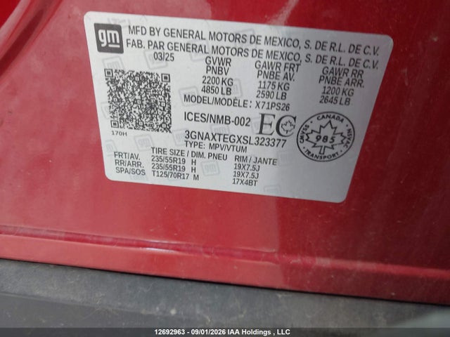 12692963 :رقم المزاد ، 3GNAXTEGXSL323377 vin ، 2025 Chevrolet Equinox Rs مزاد بيع