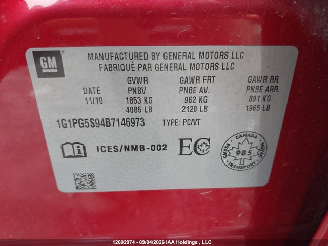 2011 Chevrolet Cruze Lt Turbo მანქანა იყიდება აუქციონზე, vin: 1G1PG5S94B7146973, აუქციონის ნომერი: 12692974
