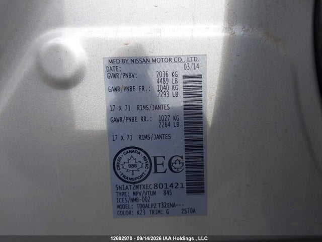 Nissan Rogue 2014 5N1AT2MTXEC801421 Image 9