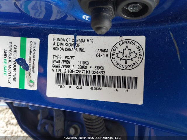 Aukcja sprzedaży 2019 Honda Civic, vin: 2HGFC2F71KH024633, numer aukcji: 12692986