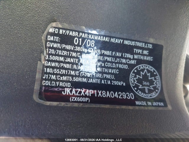 Aukcja sprzedaży 2008 Kawasaki Zx600 P, vin: JKAZX4P1X8A042930, numer aukcji: 12693001