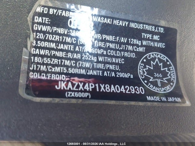 Aukcja sprzedaży 2008 Kawasaki Zx600 P, vin: JKAZX4P1X8A042930, numer aukcji: 12693001