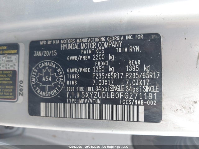 2015 Hyundai Santa Fe Sport 2.4 Luxury მანქანა იყიდება აუქციონზე, vin: 5XYZUDLB0FG271191, აუქციონის ნომერი: 12693006