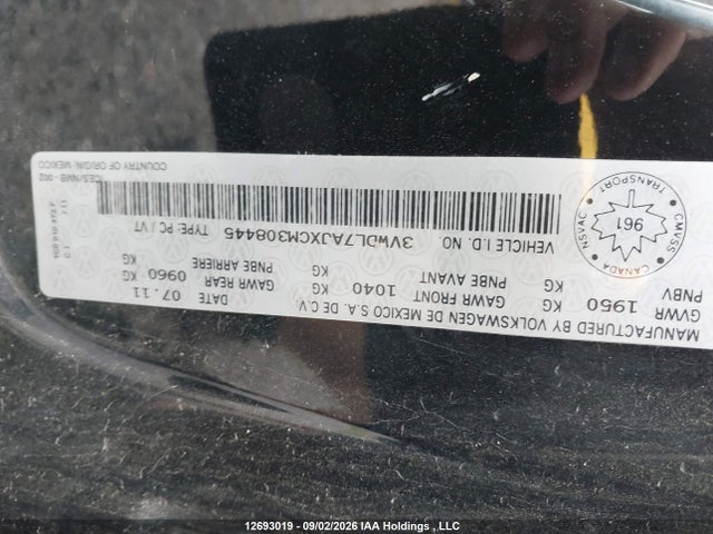 12693019 :رقم المزاد ، 3VWDL7AJXCM308445 vin ، 2012 Volkswagen Jetta Tdi مزاد بيع