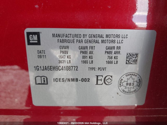 2012 Chevrolet Sonic Ls მანქანა იყიდება აუქციონზე, vin: 1G1JA6EH9C4108772, აუქციონის ნომერი: 12693021