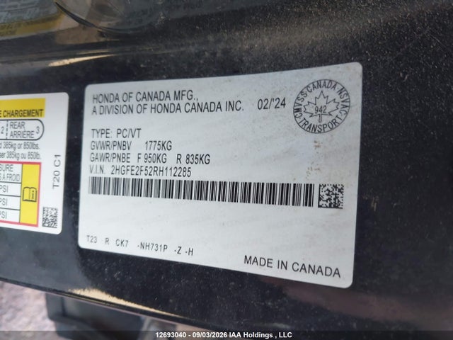 Продажа на аукционе авто 2024 Honda Civic, vin: 2HGFE2F52RH112285, номер лота: 12693040