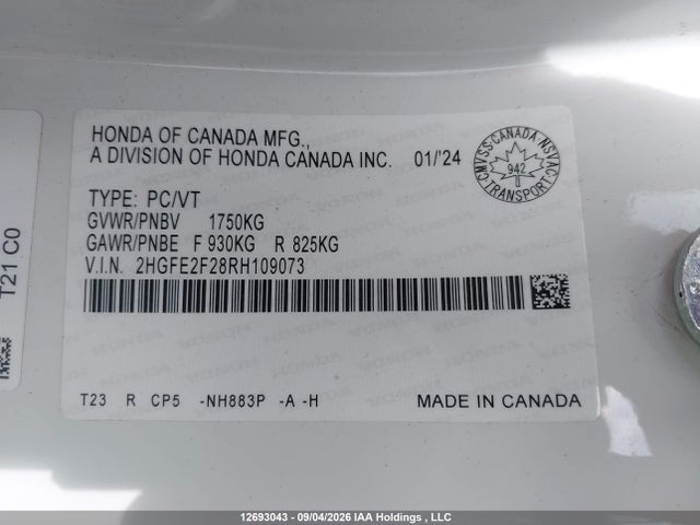 2024 Honda Civic მანქანა იყიდება აუქციონზე, vin: 2HGFE2F28RH109073, აუქციონის ნომერი: 12693043