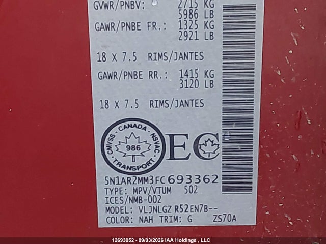 Продажа на аукционе авто 2015 Nissan Pathfinder S/sv/sl/platinum, vin: 5N1AR2MM3FC693362, номер лота: 12693052