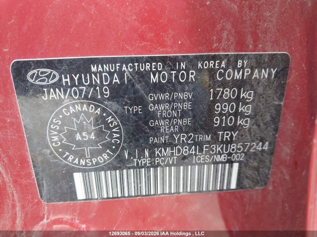 Продаж на аукціоні авто 2019 Hyundai Elantra, vin: KMHD84LF3KU857244, номер лоту: 12693065