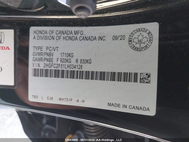 12693069 :رقم المزاد ، 2HGFC2F51LH034126 vin ، 2020 Honda Civic Lx مزاد بيع