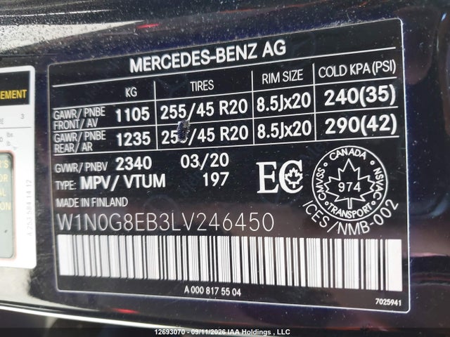 2020 Mercedes-benz Glc 300 4matic მანქანა იყიდება აუქციონზე, vin: W1N0G8EB3LV246450, აუქციონის ნომერი: 12693070