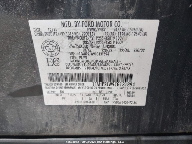 12693082 :رقم المزاد ، 1FAHP2JW9CG131894 vin ، 2012 Ford Taurus مزاد بيع