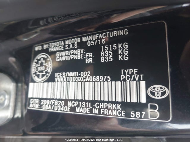 Aukcja sprzedaży 2016 Toyota Yaris L/le/se, vin: VNKKTUD3XGA068975, numer aukcji: 12693084