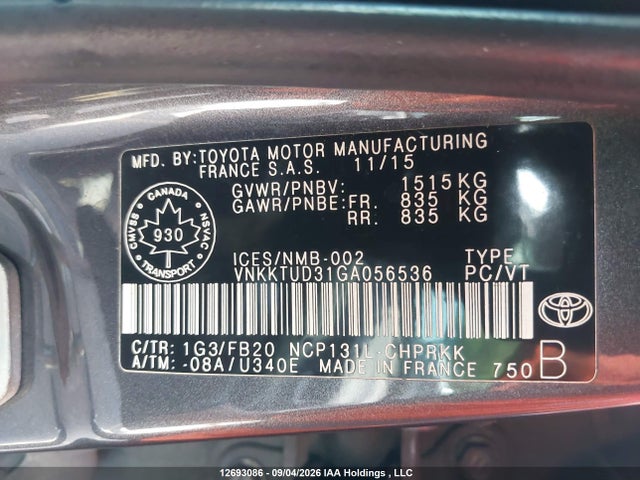 2016 Toyota Yaris Le მანქანა იყიდება აუქციონზე, vin: VNKKTUD31GA056536, აუქციონის ნომერი: 12693086