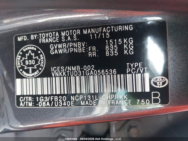 2016 Toyota Yaris Le მანქანა იყიდება აუქციონზე, vin: VNKKTUD31GA056536, აუქციონის ნომერი: 12693086