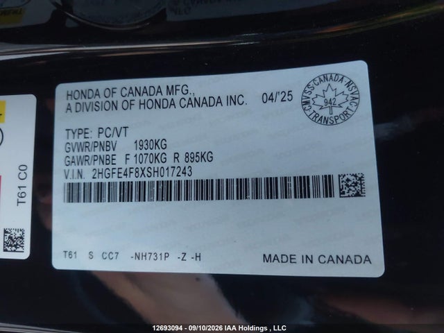 2HGFE4F8XSH017243 Honda Civic Sport Hybrid/sport Touring Hybrid