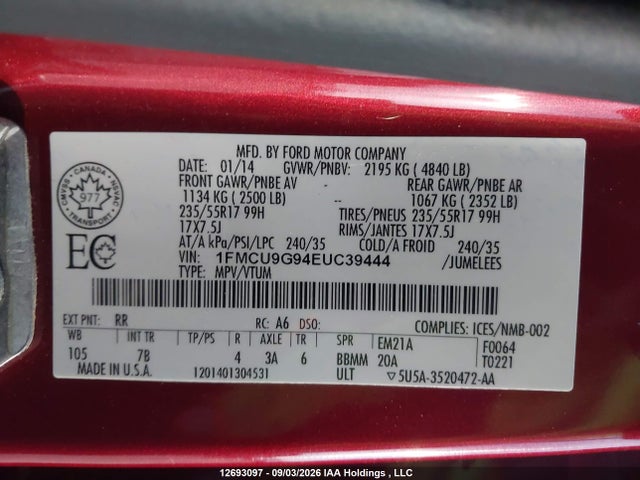 2014 Ford Escape Se მანქანა იყიდება აუქციონზე, vin: 1FMCU9G94EUC39444, აუქციონის ნომერი: 12693097
