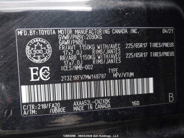 Auction sale of the 2021 Toyota Rav4 Le, vin: 2T3Z1RFV7MW148787, lot number: 12693098