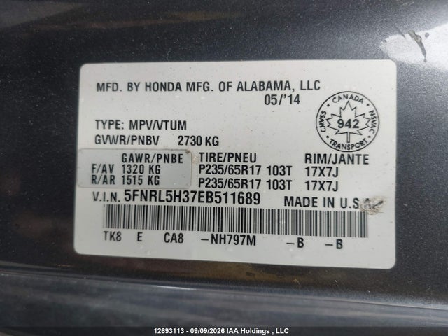 5FNRL5H37EB511689 Honda Odyssey
