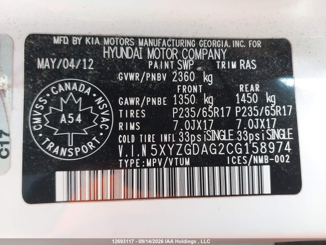 Продажа на аукционе авто 2012 Hyundai Santa Fe, vin: 5XYZGDAG2CG158974, номер лота: 12693117