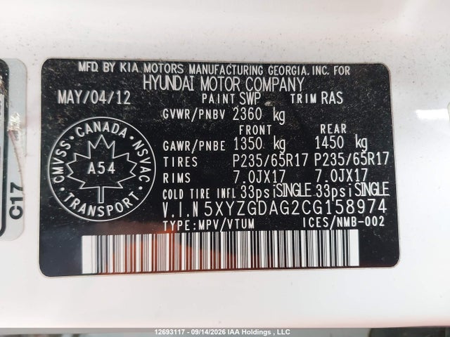 Продажа на аукционе авто 2012 Hyundai Santa Fe, vin: 5XYZGDAG2CG158974, номер лота: 12693117