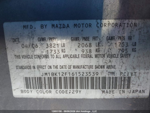 Aukcja sprzedaży 2006 Mazda 3 I, vin: JM1BK12F161523539, numer aukcji: 12693158