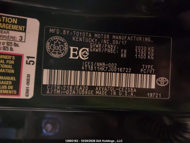 12693162 :رقم المزاد ، 4T1B11HK7JU016722 vin ، 2018 Toyota Camry L/le/xle/se/xse مزاد بيع
