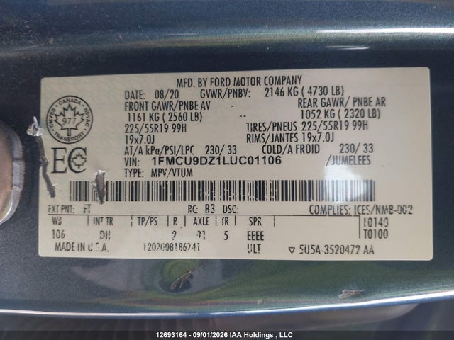 Ford Escape 2020 1FMCU9DZ1LUC01106 Image 9